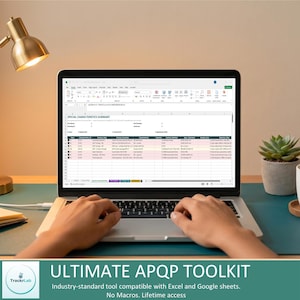 May include: A silver laptop displaying a spreadsheet titled Special Characteristics Summary with columns for process, function, and reaction plans. The screen shows technical data in a grid format with rows highlighted in light red and white.