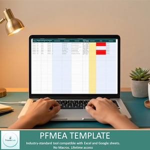 May include: A laptop screen displaying a PFMEA template spreadsheet with columns for process steps, failure modes, and risk analysis. The spreadsheet features rows with white, yellow, and red cells, and the text PFMEA TEMPLATE is visible below.