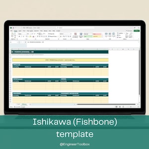 May include: A laptop screen displaying an Ishikawa Fishbone template in a spreadsheet format. The interface features dark teal headers with light yellow rows for data entry. The text Ishikawa (Fishbone) template and @EngineerToolbox appear below.