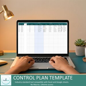 May include: A laptop screen displaying a detailed control plan template with rows and columns of data. The spreadsheet includes headers for process steps, product characteristics, and specifications. The text TrackrLab is visible in the corner.
