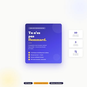 Puede incluir: Una guía digital cuadrada titulada 'Tu n'es pas flemmard' en color morado con texto blanco y amarillo. Incluye 10 páginas, 5 técnicas científicas y un plan de 7 días para superar la procrastinación, con marcas de verificación y formato PDF.