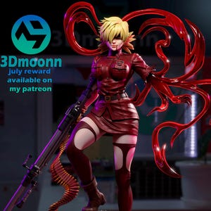 May include: A blonde character figurine in a red military-style uniform, holding a large machine gun with a dangling ammunition belt. The figure stands on a green ammunition crate base with red liquid effects and flowing red tendrils behind them.