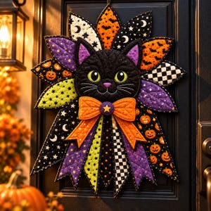 Halloween Quilted Door Hanger, Oversized Fabric Bow Wreath Wall Decor, Cute Ghost Pumpkin Witch Front Door Hanger Fall Porch Holiday Gift