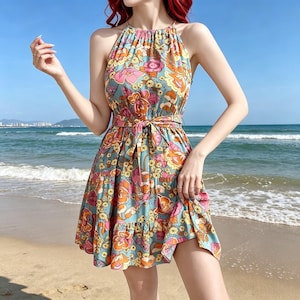 Könnte beinhalten: Ein ärmelloses Neckholder-Kleid mit einem lebendigen Blumenmuster in Orange-, Rosa- und Gelbtönen auf türkisfarbenem Grund. Das Kleid verfügt über einen passenden Bindegürtel aus Stoff und einen gestuften Rock, der über dem Knie endet.
