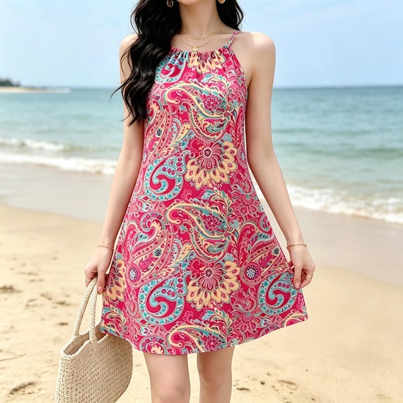 paisley halter mini dress Print Summer Sun Dress Boho Beach Outfit Sleeveless Vacation Wear Retro 70s Style Tropical Party Gown Chic tailored fit dress women