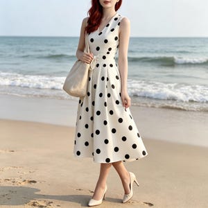 Elegant White Polka Dot Swing Dress Sleeveless V Neck Summer Midi Sun Dress Retro 50s A-Line Wedding Guest Cocktail Evening Outfit