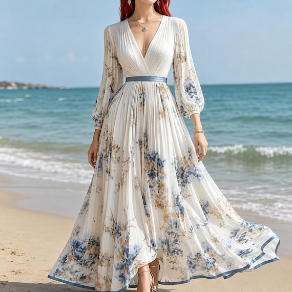 long sleeve flowy spring dress Romantic Floral Maxi for Women V Neck Pleated Boho Wedding Guest Gown Fairy Cottagecore Summer Gown 5-7 Years