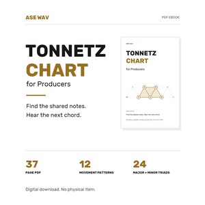 May include: A digital PDF ebook titled Tonnetz Chart for Producers, featuring a geometric diagram of interconnected circles. The document includes 37 pages, 12 movement patterns, and 24 major and minor triads, designed to help identify shared musical notes.