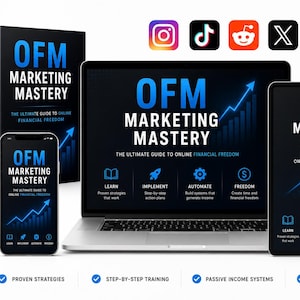 May include: A digital marketing course bundle featuring a book, laptop, smartphone, and tablet displaying the title OFM MARKETING MASTERY THE ULTIMATE GUIDE TO ONLINE FINANCIAL FREEDOM. Includes social media icons, a best seller badge, and four icons.