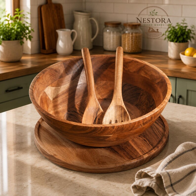 Puede incluir: Un cuenco de ensalada grande y redondo de madera en tonos naturales con una base circular de madera a juego y dos utensilios de servicio de madera colocados dentro. La madera tiene una veta visible y el logo NESTORA WOOD WORKS se ve al fondo.