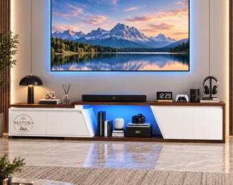 Modern Wooden TV Stand with RGB Led Lights, Walnut and White Media Console, Entertainment Center with Storage, Living Room Tv Cabinet