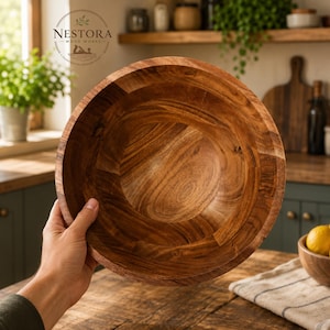 Puede incluir: Un cuenco de madera redondo con un acabado suave y pulido, con patrones de veta natural visibles en tonos de marr&oacute;n medio a oscuro. El cuenco presenta un borde circular ancho y un interior c&oacute;ncavo profundo, mostrando la textura org&aacute;nica de la madera.