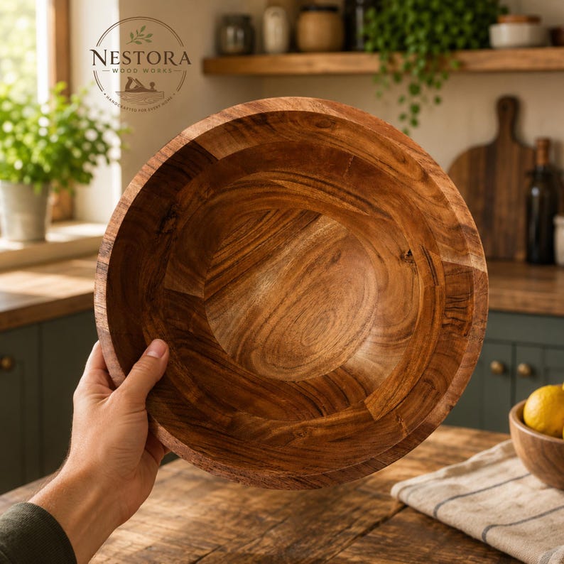 Puede incluir: Un cuenco de madera redondo con un acabado suave y pulido, con patrones de veta natural visibles en tonos de marr&oacute;n medio a oscuro. El cuenco presenta un borde circular ancho y un interior c&oacute;ncavo profundo, mostrando la textura org&aacute;nica de la madera.