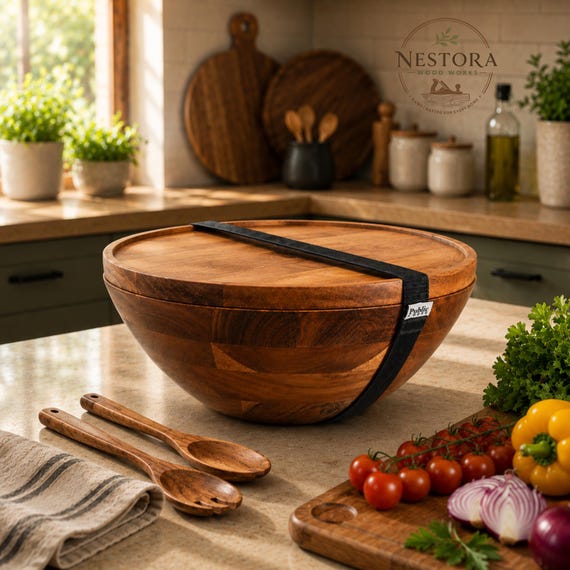 Premium Acacia Wood Serving Set – 12.5 Inch 4 Piece Set: Bowl, Utensils, Reversible Tray Lid & Carry Strap for Salads and Fruits
