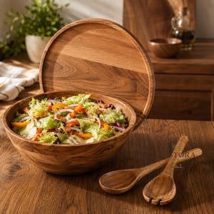 Puede incluir: Un cuenco de madera redondo lleno de una mezcla fresca de lechuga verde, cebolla roja en rodajas y tiras de pimiento naranja. Una tapa circular de madera a juego se apoya verticalmente detr&aacute;s del cuenco, junto a dos cubiertos de madera.
