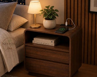 Elegent Walnut Finish Nightstand Set of 2 with Charging Station, 23.2" Wide Bedside Tables, Available in 2 or 3 Storage Drawers,