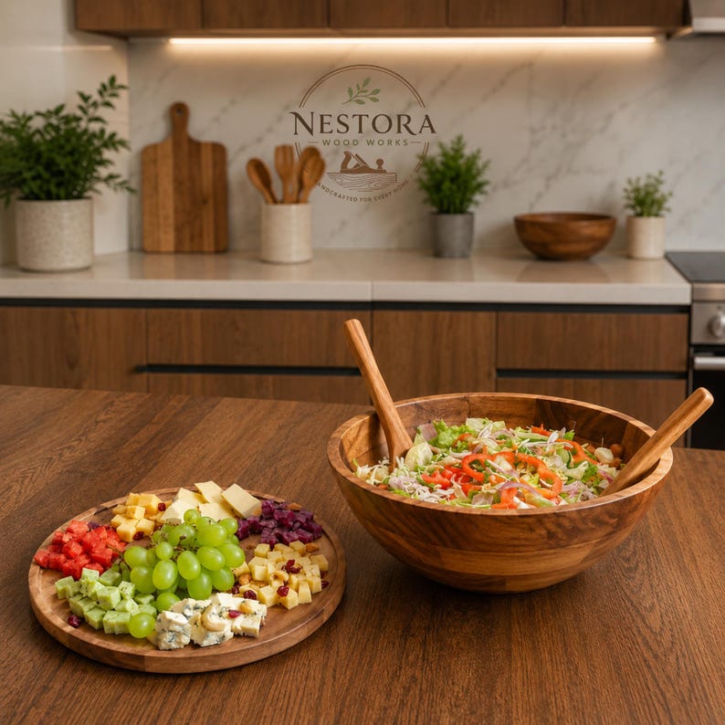 Puede incluir: Una tabla de servir redonda de madera con cubos de queso, pimientos rojos y uvas verdes, junto a un gran cuenco de madera para ensalada lleno de lechuga, pimientos rojos en rodajas y cebollas, acompa&ntilde;ado por dos utensilios de madera para servir.