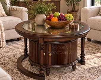 Round Coffee Table Set of 2, Glass Top Coffee Table with Storage Cabinet, Wood Living Room Furniture, Nesting Accent Tables