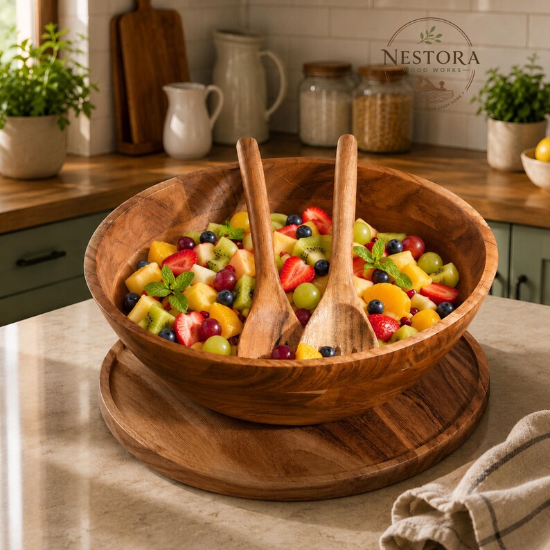 Puede incluir: Un cuenco de madera grande y redondo para ensalada con una bandeja de madera a juego debajo y dos cubiertos de madera para servir. El cuenco est&aacute; lleno de una colorida ensalada de frutas con fresas, ar&aacute;ndanos, kiwi y mango.