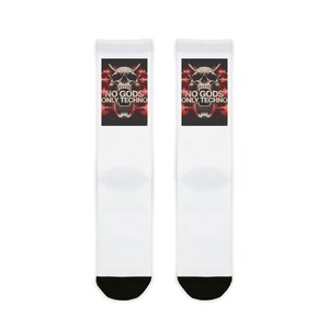 NO Gods Only Techno Socken, Techno Rave Socken, Schädel Kopfhörer Socken, Elektronische Musik Socken, Festival Socken, Untergrund Rave Streetwear