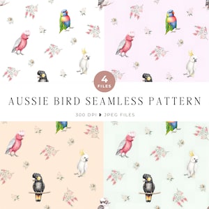 Pode incluir: Um gráfico digital apresentando quatro variações de um padrão sem costura com ilustrações em aquarela de aves australianas, incluindo galahs, cacatuas e lorikeets, junto com elementos florais, rotulado AUSSIE BIRD SEAMLESS PATTERN 300 DPI JPEG FILES.