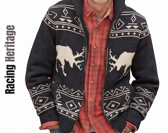 Herren Strukturstrick Pullover: Vintage Moose Fair Isle Johnny Kragen