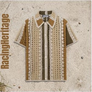 Men's Striped Crochet Camp Collar Shirt – Open Knit Boho Resort Top