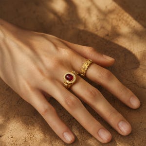 May include: A gold ring featuring a central oval-shaped red gemstone surrounded by small clear stones, and a second gold band with an intricate textured pattern. Both rings are worn on the fingers, showcasing detailed metalwork and polished surfaces.