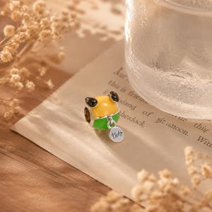 May include: A spherical charm bead featuring a yellow top, green bottom, and two small black ears. A small, round, silver-toned metal tag hangs from the bead, engraved with the word Pluto in a cursive script, reflecting a character-inspired design.