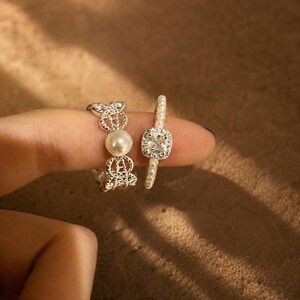 Vintage Inspired Pearl Ring Set Silver Filigree Band Square Cut CZ Stacking Rings Elegant Bridal Jewelry Boho Wedding Gift for Her Aesthetic