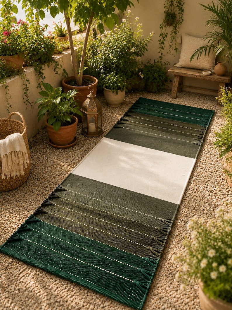 May include: A rectangular runner rug featuring a color-blocked design with a wide central cream-colored stripe flanked by sections of dark forest green and olive green. The rug is finished with decorative tassels along the short edges.