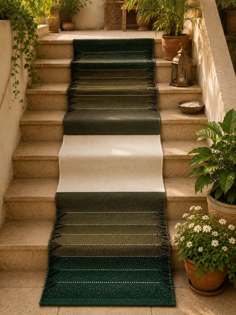 May include: A long, rectangular stair runner rug featuring a color-blocked design with deep forest green sections at the ends and a solid cream-colored center. The green sections include horizontal textured stripes and decorative fringe.