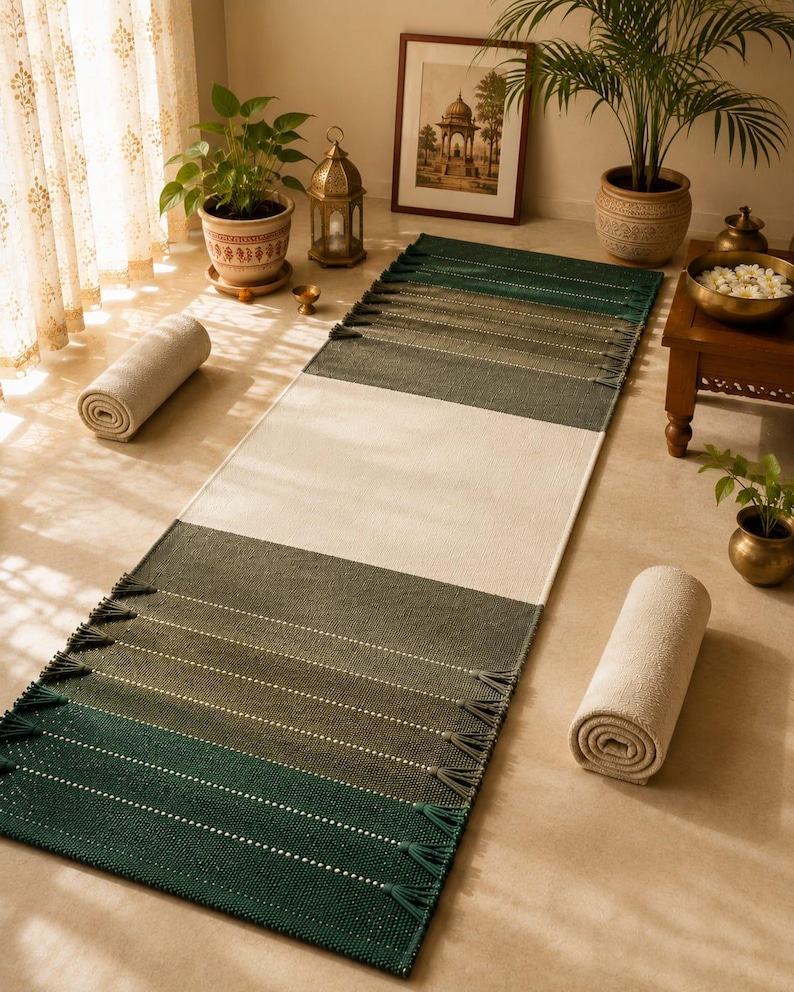 May include: A rectangular runner rug featuring a color-blocked design with a large central cream section flanked by gradient panels in shades of olive and forest green. The rug is finished with decorative tassels along the short edges.