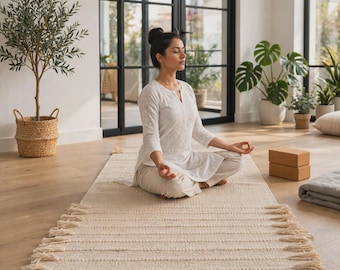 May include: A rectangular, off-white woven yoga mat featuring a textured surface with horizontal ribbed patterns and decorative fringe tassels along both long edges. The mat is crafted from a light-colored fabric and lies flat on a wooden floor.