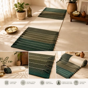 May include: A rectangular runner rug featuring a cream-colored center section flanked by dark green and olive green ends. The rug is accented with horizontal rows of small white dots and finished with decorative tassels along the edges.