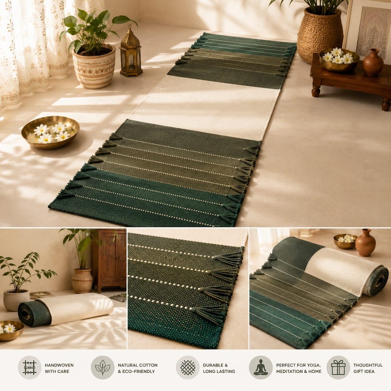 May include: A rectangular runner rug featuring a cream-colored center section flanked by dark green and olive green ends. The rug is accented with horizontal rows of small white dots and finished with decorative tassels along the edges.