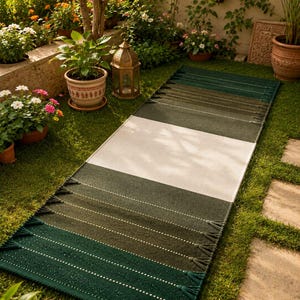 May include: A rectangular woven runner rug featuring a color-blocked design with a wide central cream-colored band flanked by sections of dark forest green and olive green, finished with decorative tassels along the short edges.