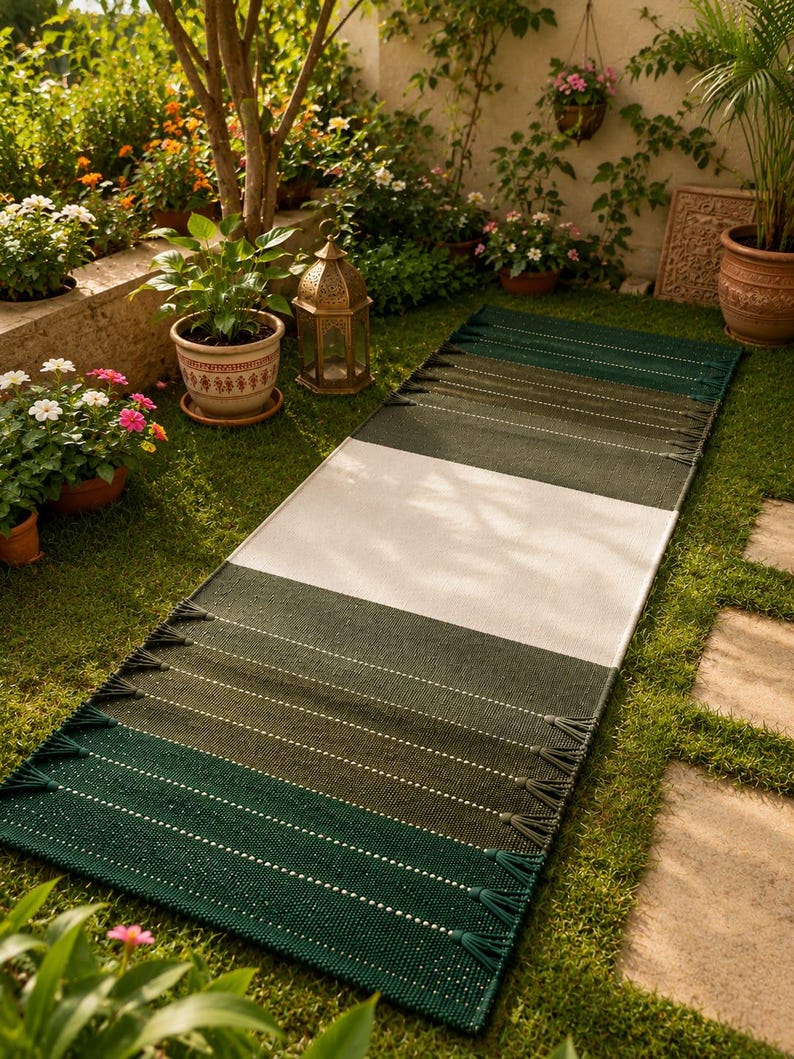 May include: A rectangular woven runner rug featuring a color-blocked design with a wide central cream-colored band flanked by sections of dark forest green and olive green, finished with decorative tassels along the short edges.