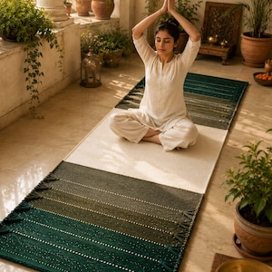 May include: A rectangular yoga mat featuring a color-blocked design with a large cream-colored center section flanked by dark forest green and olive green ends, finished with decorative tassels along the short edges of the mat.