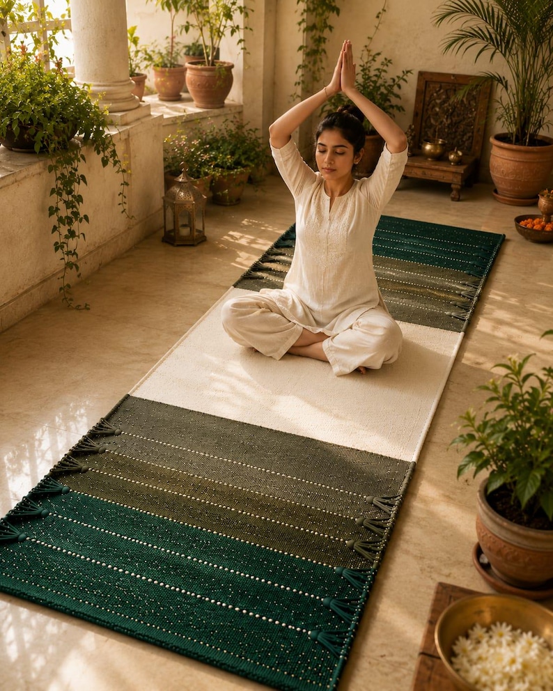 May include: A rectangular yoga mat featuring a color-blocked design with a large cream-colored center section flanked by dark forest green and olive green ends, finished with decorative tassels along the short edges of the mat.