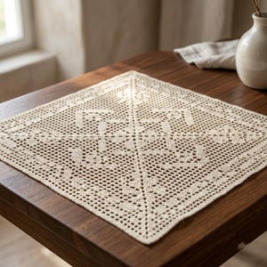May include: A square, off-white crochet doily featuring a detailed, symmetrical geometric pattern created with openwork stitches. The textile piece is crafted with fine thread, displaying a repeating motif that radiates from the center outward.