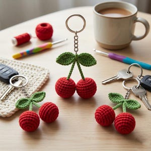 May include: Three handmade crochet cherry keychains, each featuring two round red yarn spheres attached to green crocheted leaves and a silver metal keyring. The cherries are crafted with a textured stitch pattern, showcasing a vibrant red colour paired with bright green stems and leaves.