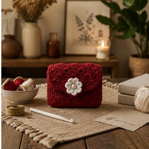 May include: A deep red crochet bag featuring a textured shell stitch pattern and a white crocheted flower embellishment with a central pearl bead. The bag is positioned on a woven mat alongside a white crochet hook and a yellow measuring tape.