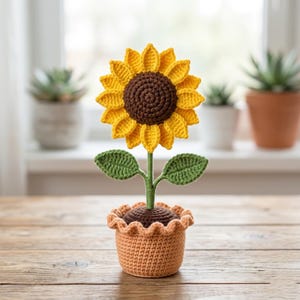 Può includere: Un girasole all'uncinetto con un centro marrone scuro e petali giallo brillante, dotato di due foglie verdi su uno stelo verde. Il fiore è piantato in un vaso all'uncinetto color pesca chiaro con un bordo superiore arricciato decorativo.