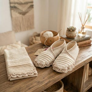 May include: A pair of cream-colored crochet slippers and a matching folded crochet cloth. The slippers feature a ribbed texture on the top, a scalloped edge around the opening, and a rounded toe design. The cloth displays a similar ribbed pattern.