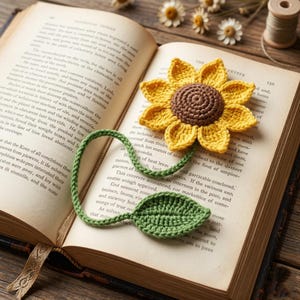 Può includere: Un segnalibro all'uncinetto a forma di girasole giallo con centro marrone, stelo verde e una singola foglia verde. Il girasole poggia sulle pagine aperte di un libro, con lo stelo e la foglia che si estendono sopra il testo stampato.