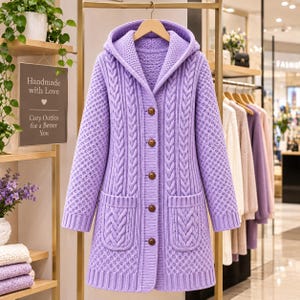 Puede incluir: Un cárdigan con capucha y manga larga de color lavanda, con un patrón de punto trenzado en los paneles frontales y bolsillos, y punto texturizado en las mangas y la espalda. La prenda incluye un cierre frontal con cinco botones marrones.