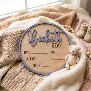 以下が含まれることがあります： 薄紫色の縁取りと、盛り上がった紫色の筆記体でBeckett Grayと書かれた名前が特徴の円形木製出生記録ボード。ボードには日付、時間、体重、身長を記入するための刻印された線があり、小さなクリーム色のぬいぐるみベアが添えられています。