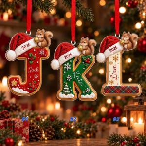 May include: Three hanging Christmas ornaments shaped like the letters J, K, and L. Each letter features a red Santa hat with the year 2026, a small squirrel holding a nut, and festive holiday decorations including snowflakes, holly, and poinsettias.