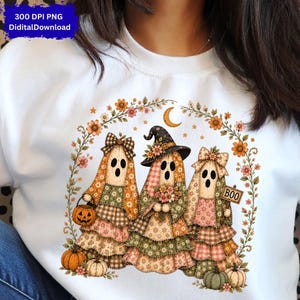 Patchwork bloemenspook PNG, Boo Ghosts bloemenpompoen heksenhoed ontwerp, geruite bloemen boho herfst grungy primitieve PNG, Halloween spook PNG